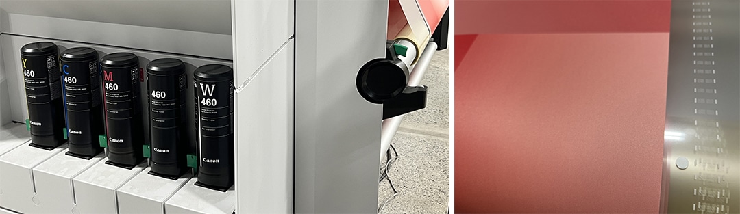 Close up on ink cartridges in a roll-to-roll printer beside a close up of a printed piece printed with UV gel inks.