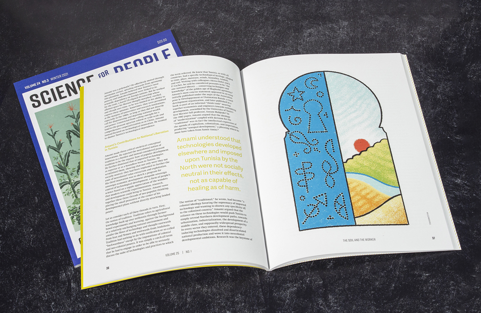 Photo of an open magazine shown lying open flat.